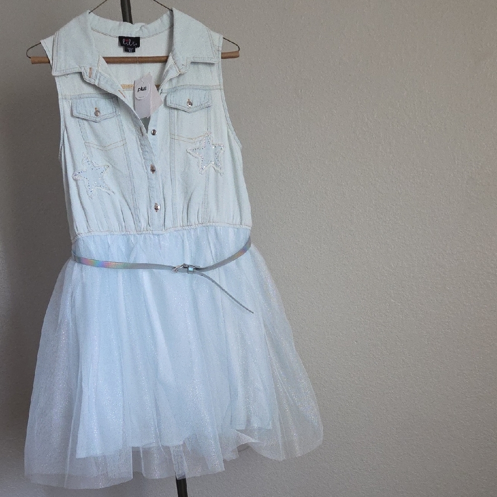 Lilt Big Girls Denim Star Dress with Shimmer Belt